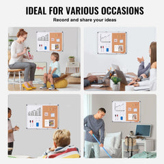 24x18 whiteboard and cork board combo with aluminum frame in various home settings.