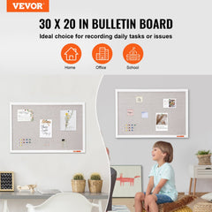 Wall-mounted bulletin cork board with a white linen surface and smooth MDF frame.