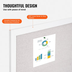 White linen surface wall-mounted bulletin cork board with a smooth MDF frame and ample pinning space.