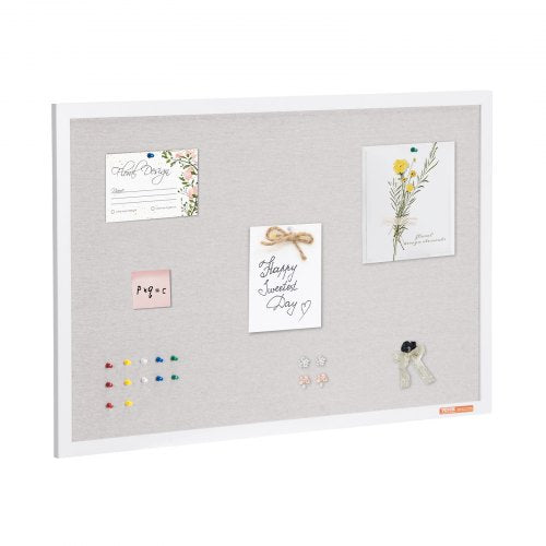 Wall-mounted cork bulletin board with a white linen surface and smooth MDF frame.