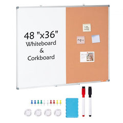 A 48"x36" whiteboard and cork board combo with an aluminum frame for organization.