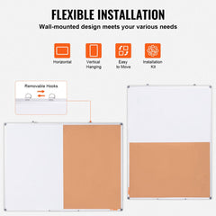 Whiteboard and cork board combo with an aluminum frame, 48"x36" size, for notes and reminders.