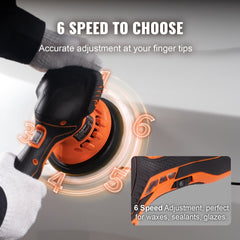 Cordless dual action car polisher with 6-inch disc, two batteries, and ergonomic design.
