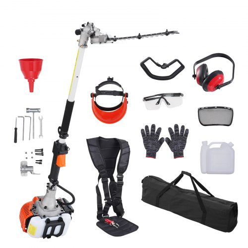 Bostome 15.7-inch 26CC gas pole hedge trimmer with dual blade 270° head, safety gear, and accessories.