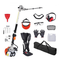 Bostome 15.7-inch 26CC gas pole hedge trimmer with dual blade 270° head, safety gear, and accessories.