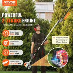A man uses a gas pole hedge trimmer with a 15.8-inch dual blade and 26cc engine.