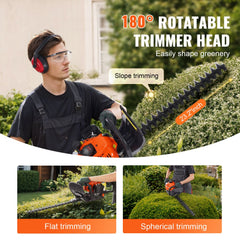 A person uses a gas hedge trimmer with a 23.2-inch 180-degree rotatable blade for trimming.