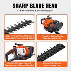 A gas hedge trimmer with a sharp blade head, protective guard, and hardened gearbox.