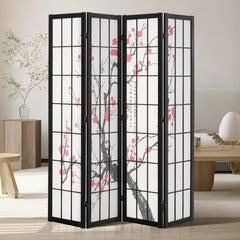 Bostome 4 panel wood folding privacy screen with cherry blossom design and 360° hinges.
