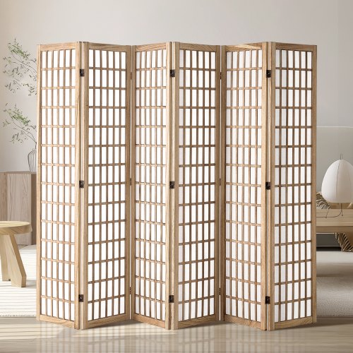 Bostome 6 panel folding room divider made of wood with breathable fabric panels for privacy.