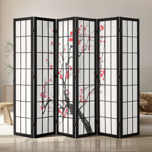 6-panel Japanese wood room divider screen with black frame and cherry blossom motifs.