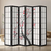6-panel Japanese wood room divider screen with black frame and cherry blossom motifs.
