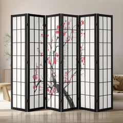 6-panel Japanese wood room divider screen with black frame and cherry blossom motifs.
