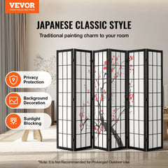 6-panel Japanese wood room divider screen with black frame and cherry blossom motifs.