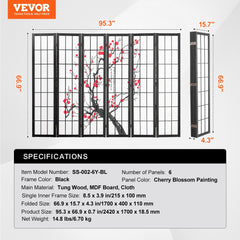 6-panel Japanese wood room divider screen with black frame and cherry blossom painting.