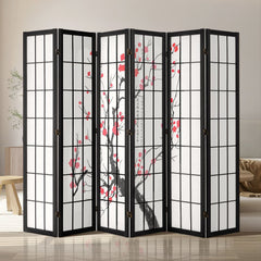 6-panel Japanese wood room divider screen with black frame and cherry blossom motifs.