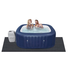 Waterproof, slip-proof gray-black mat measuring 74x72 inches for hot tub protection.