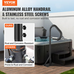 Bostome hot tub handrail in matte black, adjustable height, and 360° rotatable design.