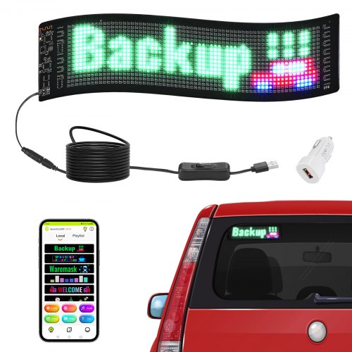 15x4 inch full-color LED scrolling sign with Bluetooth app control, shown on car window and with accessories.