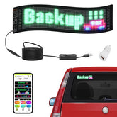 15x4 inch full-color LED scrolling sign with Bluetooth app control, shown on car window and with accessories.