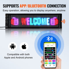 A 15x4 inch full-color LED scrolling sign displaying "Welcome" with Bluetooth app control icons for iOS and Android.