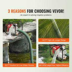 Bostome 7HP gas trash water pump with 3-inch inlet, 265 GPM flow, and durable aluminum body.