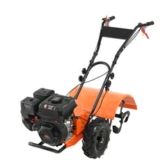 Bostome 212cc 4-stroke garden tiller with adjustable tines and rubber wheels for easy navigation.