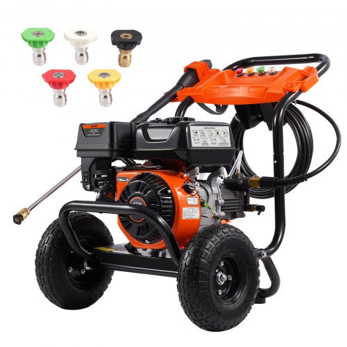 Bostome gas pressure washer with a 210cc engine, 5 nozzles, and sturdy steel frame.