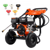 Bostome gas pressure washer with a 210cc engine, 5 nozzles, and sturdy steel frame.