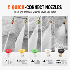 Bostome gas pressure washer with 3500 PSI, 2.6 GPM, and five quick-connect nozzles.