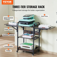 Bostome 3-tier heat press table with charging station and movable stand for organized crafting.