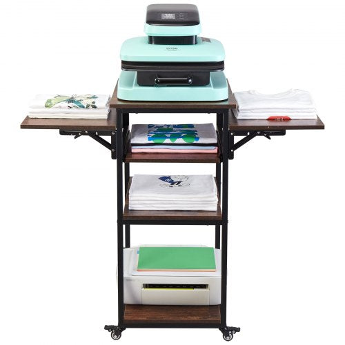 4-tier movable heat press stand with charging station and sturdy metal construction.