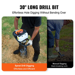 Man using Bostome 52CC gas post hole digger with 8-inch drill bit in soil outdoors