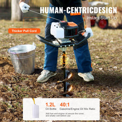Man using Bostome 52cc gas post hole digger with 8-inch bit in soil, showing thicker pull cord and 1.2L fuel mix.