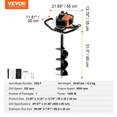 Bostome 52CC gas post hole digger with 8-inch bit, extension rod, and dimensions shown.
