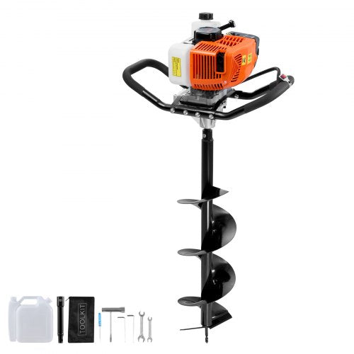 Bostome 63CC gas post hole digger with 8" drill bit and extension rod for heavy-duty digging.