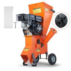 Orange 12HP gas wood chipper shredder with 420cc engine, 6.7-inch chute, and wheels.