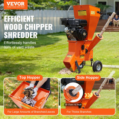 Orange Bostome 12HP gas wood chipper shredder with dual hoppers and wheels on grass.
