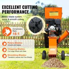 Orange 12HP gas wood chipper shredder with rotary blades, 15:1 compression, and mulching chute on grass.