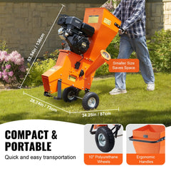 Orange 12HP gas wood chipper shredder with 420cc engine, 6.7in chute, wheels, and handles, shown outdoors with dimensions.
