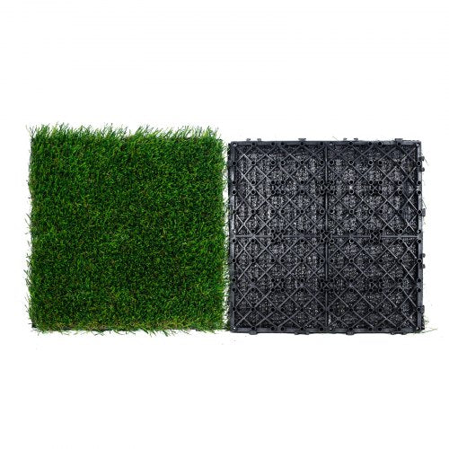 Bostome Artificial Grass Tiles in green, interlocking 12"x12" squares, ideal for play areas.
