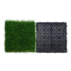 Bostome Artificial Grass Tiles in green, interlocking 12"x12" squares, ideal for play areas.