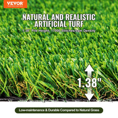 A 3x5 ft artificial grass turf rug with 1.38-inch green pile height and drainage holes.
