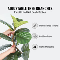 Lifelike 6ft artificial fiddle leaf fig tree with adjustable stainless steel branches and green PE leaves.