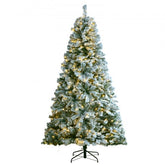7.5ft prelit flocked Christmas tree with 550 warm white LED lights and sturdy metal base.