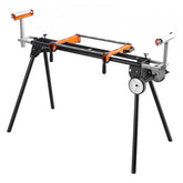 Collapsible steel miter saw stand with wheels, 550lbs capacity, and adjustable support arms.