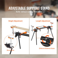 Collapsible steel miter saw stand with wheels, 550lbs capacity, and adjustable support arms.