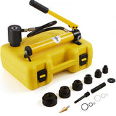 Yellow 10-ton hydraulic knockout punch kit in case with black dies and accessories.