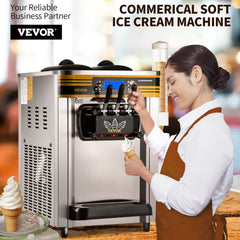 Silver Bostome commercial soft serve ice cream maker with 2x6L hoppers and three nozzles, dispensing ice cream cones.