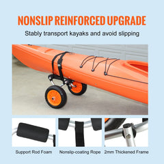 Foldable kayak cart with 10" solid tires and aluminum frame, supports up to 250lbs.